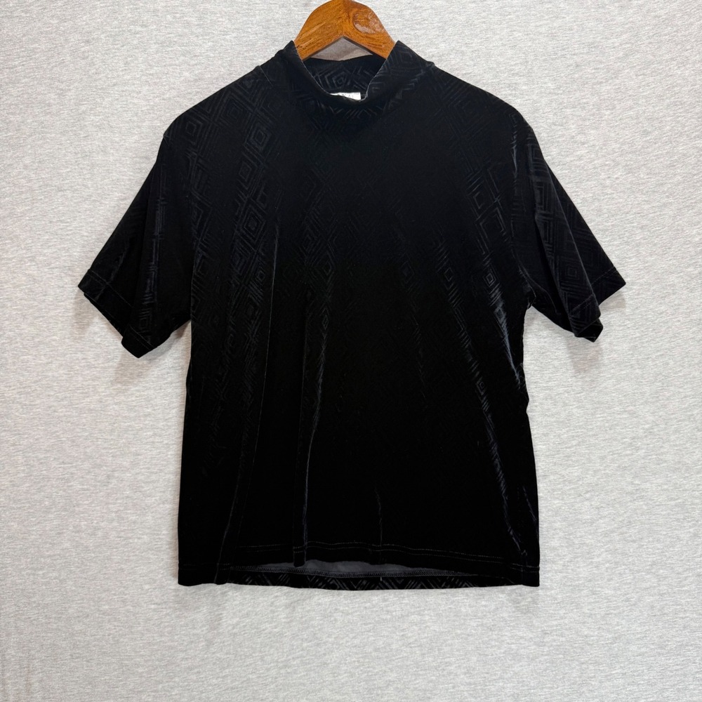 NWB Casuals Mock Neck Top Womens XL Black Velvet Geometric Gothic Modest